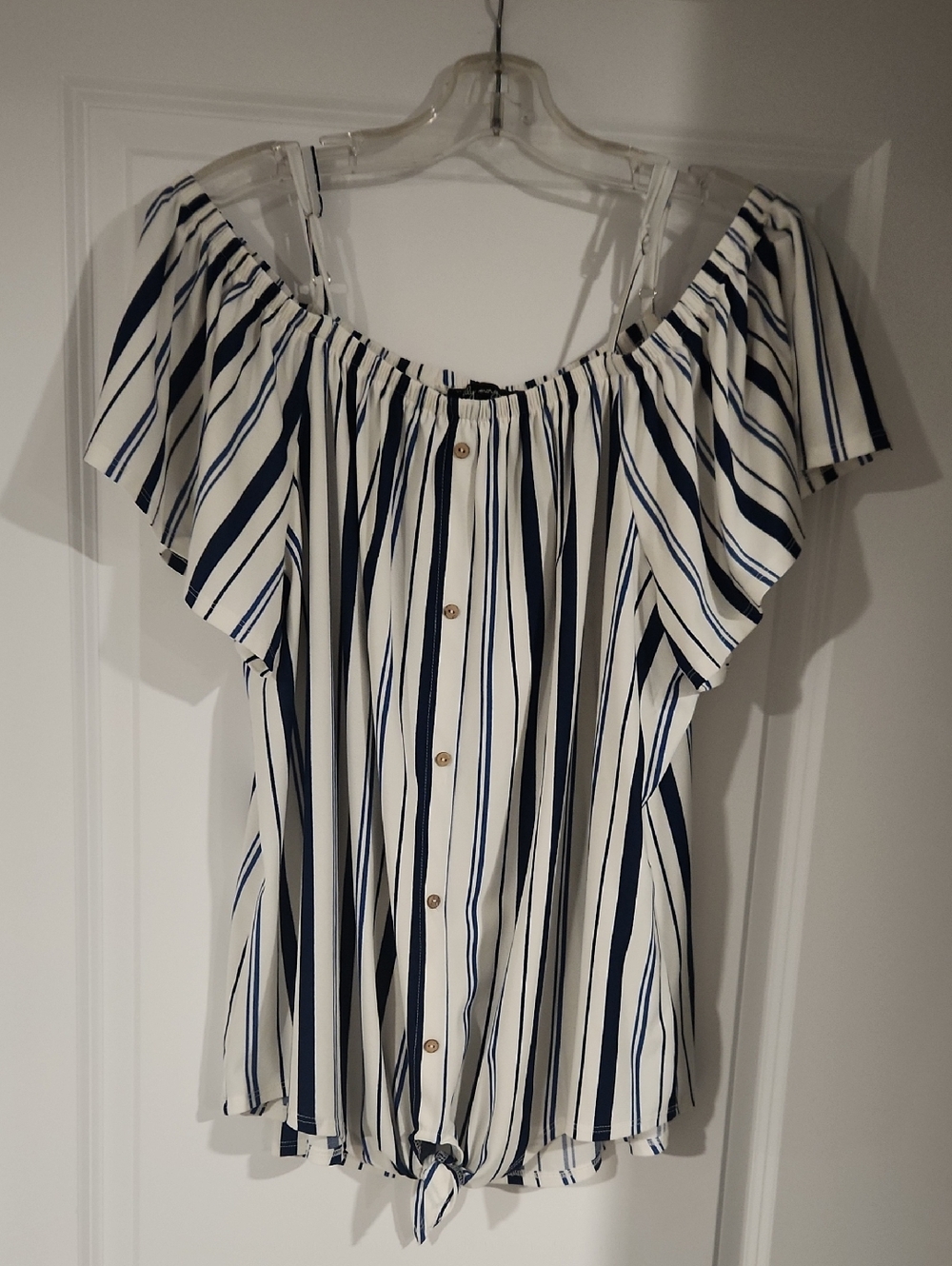 Striped Off-Shoulder Button Front Blouse in Navy and White